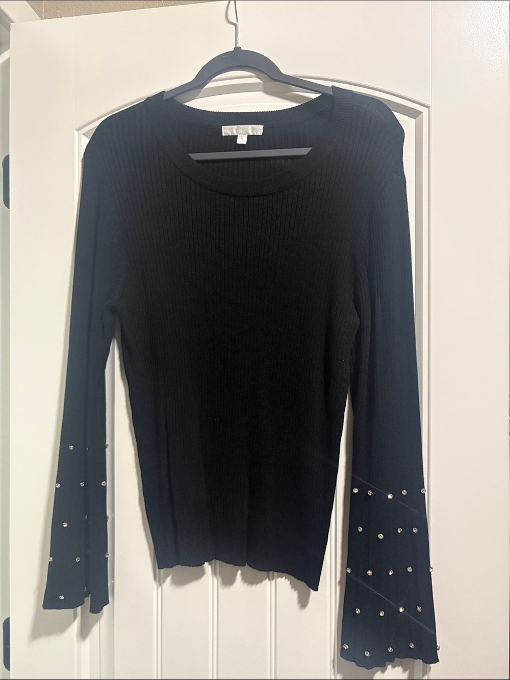 Design History Black Ribbed Knit Long-Sleeve Top with Studded Bell Sleeves